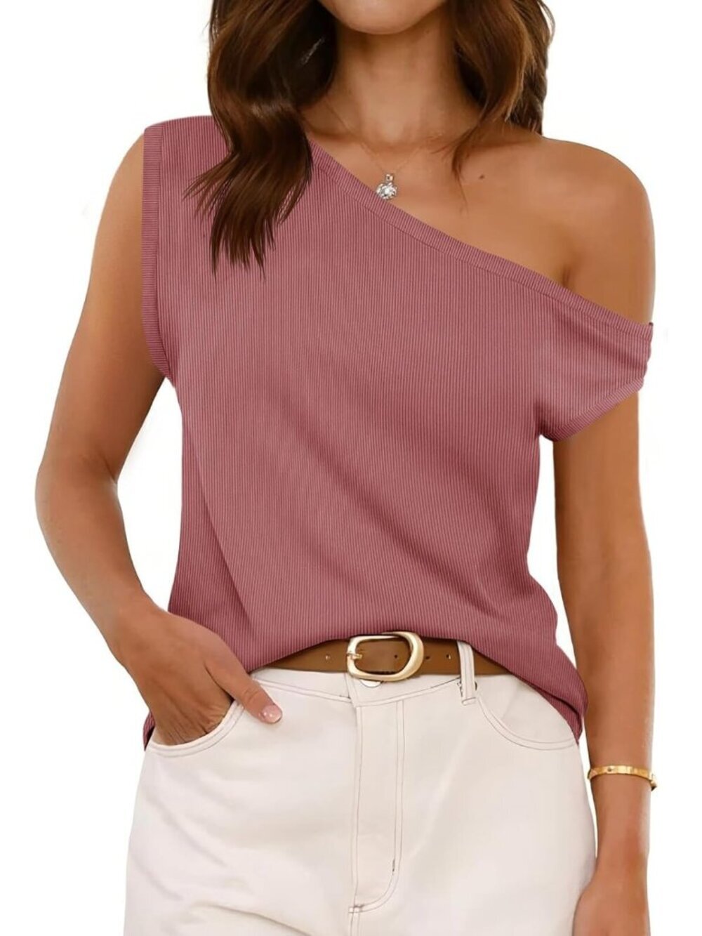 Women's Bean Paste Red Ribbed Off One Shoulder Slouchy Short Sleeve Tee Top